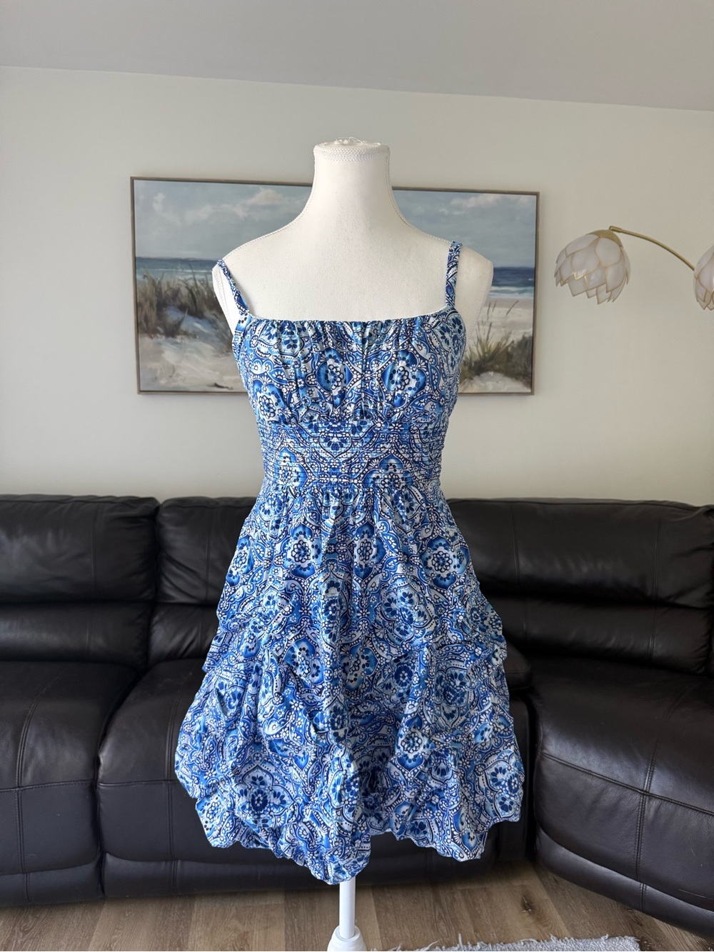 Dressbarn Size 4 Paisley Blue Babydoll Bubble Mini Dress Ruffle Tie Back Y2K